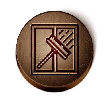 Beyaz arka planda izole edilmiş pencere simgesi için kauçuk temizleme servisiyle kahverengi hat temizleme hizmeti. Silecek, kazıyıcı, silecek. Tahta daire düğmesi. Vektör İllüstrasyonu