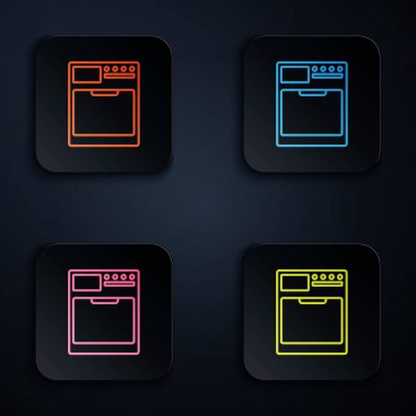 Siyah arkaplanda renkli neon çizgisi yıkama simgesi. Çamaşır makinesi simgesi. Çamaşır makinesi, çamaşır makinesi. Ev aletleri sembolü. Renkli kare düğmelere simgeleri yerleştir. Vektör İllüstrasyonu