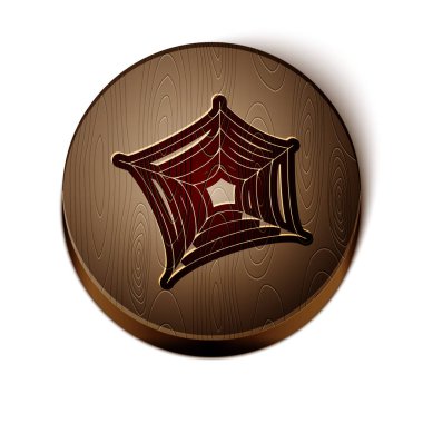 Kahverengi çizgi Örümcek Ağı simgesi beyaz arkaplanda izole edildi. Örümcek ağı işareti. Mutlu Cadılar Bayramı Partisi. Tahta daire düğmesi. Vektör İllüstrasyonu