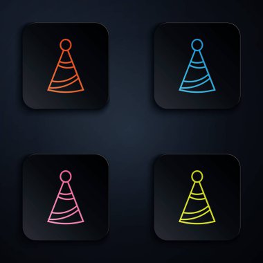 Renkli neon hattı Parti şapka simgesi siyah arkaplanda izole edildi. Doğum günü şapkası. Renkli kare düğmelere simgeleri yerleştir. Vektör İllüstrasyonu