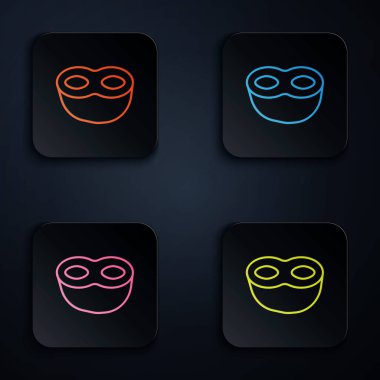 Renkli neon çizgisi Festive maske simgesi siyah arkaplanda izole edildi. Renkli kare düğmelere simgeleri yerleştir. Vektör İllüstrasyonu