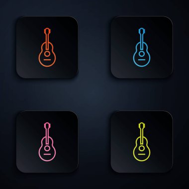 Renkli neon çizgisi Gitar simgesi siyah arkaplanda izole edildi. Akustik gitar. Telli müzik aleti. Renkli kare düğmelere simgeleri yerleştir. Vektör İllüstrasyonu