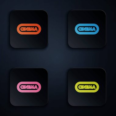 Renkli neon hattı Cinema poster tasarım şablonu simgesi siyah arkaplanda izole edildi. Film zamanı konsept pankart tasarımı. Renkli kare düğmelere simgeleri yerleştir. Vektör İllüstrasyonu