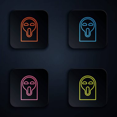 Siyah arka planda izole edilmiş Cadılar Bayramı ikonu için komik ve korkutucu neon çizgisi. Mutlu Cadılar Bayramı Partisi. Renkli kare düğmelere simgeleri yerleştir. Vektör İllüstrasyonu