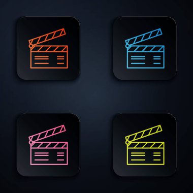 Siyah arkaplanda renkli neon çizgisi film alkışlayıcı simgesi. Film alkışlama tahtası. Alkış tahtası işareti. Sinema yapımı veya medya endüstrisi konsepti. Renkli kare düğmelere simgeleri yerleştir. Vektör İllüstrasyonu