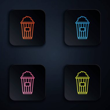 Siyah arka planda izole edilmiş karton kutu ikonundaki renkli neon çizgi patlamış mısır. Patlamış mısır kutusu. Renkli kare düğmelere simgeleri yerleştir. Vektör İllüstrasyonu