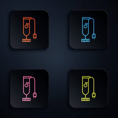 Renkli neon çizgi simgesi siyah arkaplanda izole edildi. Mutfak elektrikli kırıcı. Meyve suyu, kokteyl ya da meyve suyu. Renkli kare düğmelere simgeleri yerleştir. Vektör İllüstrasyonu