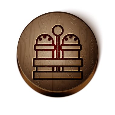 Kahverengi çizgi tuzu ve biber ikonu beyaz arka planda izole edilmiş. Yemek pişirme baharatları. Tahta daire düğmesi. Vektör İllüstrasyonu