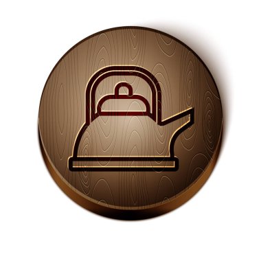 Kahverengi çizgili Kettle beyaz arka planda ikon izole edilmiş. Çaydanlık ikonu. Tahta daire düğmesi. Vektör İllüstrasyonu