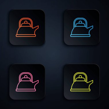 Siyah arkaplanda izole edilmiş renkli neon çizgisi Kettle. Çaydanlık ikonu. Renkli kare düğmelere simgeleri yerleştir. Vektör İllüstrasyonu