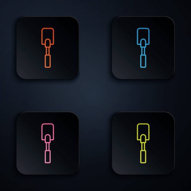 Renk neon çizgisi Spatula simgesi siyah arkaplanda izole edildi. Mutfak spatula ikonu. Bbq spatula işareti. Barbekü ve ızgara aleti. Renkli kare düğmelere simgeleri yerleştir. Vektör İllüstrasyonu