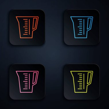 Siyah zemin üzerinde izole edilmiş kuru ve sıvı yiyecek ikonunu ölçmek için renkli neon çizgisi ölçme kabı. Plastik şişenin sapı var. Renkli kare düğmelere simgeleri yerleştir. Vektör İllüstrasyonu