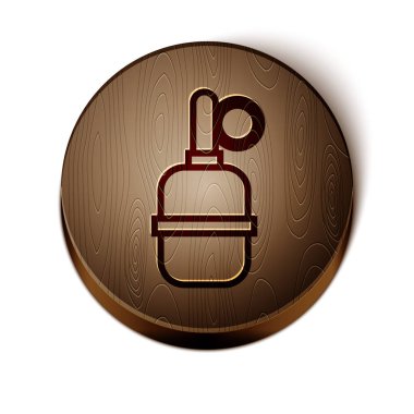 Kahverengi çizgili el bombası ikonu beyaz arka planda izole edildi. Bomba patlaması. Tahta daire düğmesi. Vektör İllüstrasyonu