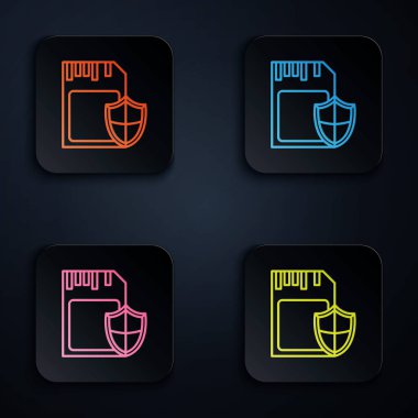 Siyah arkaplanda renkli neon çizgi Sd kartı ve kalkan simgesi. Hafıza kartı. Adaptör simgesi. Güvenlik, güvenlik, koruma, gizlilik kavramı. Renkli kare düğmelere simgeleri yerleştir. Vektör İllüstrasyonu