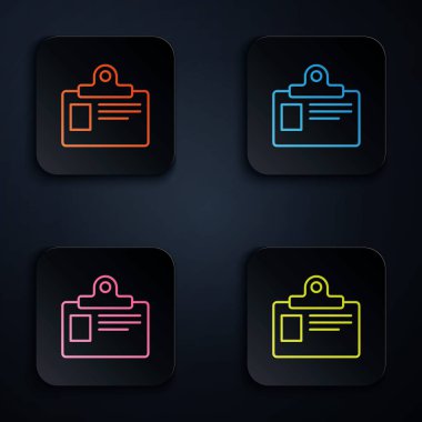 Siyah arkaplanda renkli neon çizgisi tanımlama rozeti simgesi. Sunum için, şirketin kimliği için, reklam için kullanılabilir. Renkli kare düğmelere simgeleri yerleştir. Vektör İllüstrasyonu
