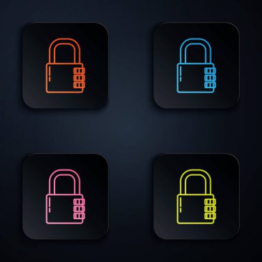 Renkli neon hattı siyah arkaplanda güvenli kilit simgesi. Kombinasyon asma kilit. Güvenlik, güvenlik, koruma, şifre, gizlilik. Renkli kare düğmelere simgeleri yerleştir. Vektör İllüstrasyonu