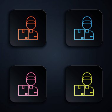 Renkli neon çizgisi. Siyah arka planda karton kutular ikonu olan teslimatçı. Kuryeyle kapı kapı dolaşacağız. Renkli kare düğmelere simgeleri yerleştir. Vektör İllüstrasyonu