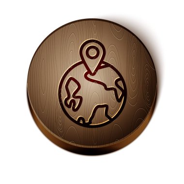 Kahverengi çizgi dünya simgesi beyaz arkaplanda izole edildi. Yerküreye iğnele. Tahta daire düğmesi. Vektör İllüstrasyonu