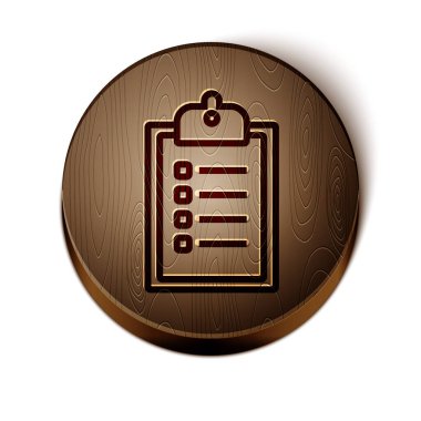 Dağıtım listesi simgesinin kahverengi çizgi doğrulaması beyaz arkaplanda izole edildi. Tahta daire düğmesi. Vektör İllüstrasyonu