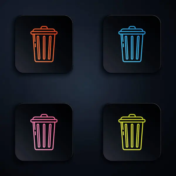 Cor neon line Trash can icon on black background. Sinal de lixeira. Ícone da cesta de reciclagem. Ícone de lixo do escritório. Definir ícones em botões quadrados coloridos. Ilustração vetorial — Vetor de Stock