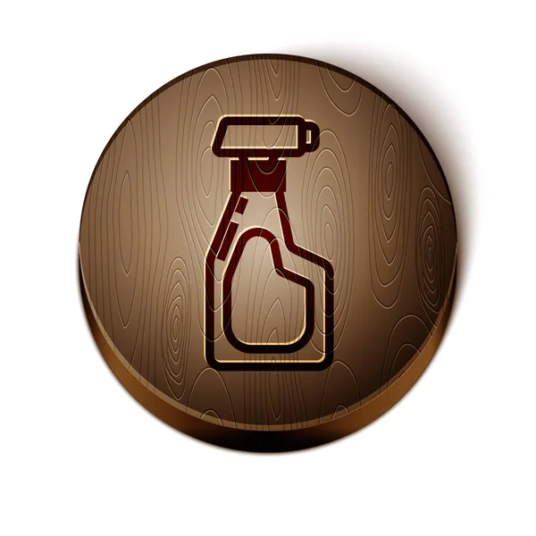 Ligne marron Bouteille de nettoyage avec icône liquide détergent isolée sur fond blanc. Bouton rond en bois. Illustration vectorielle — Image vectorielle