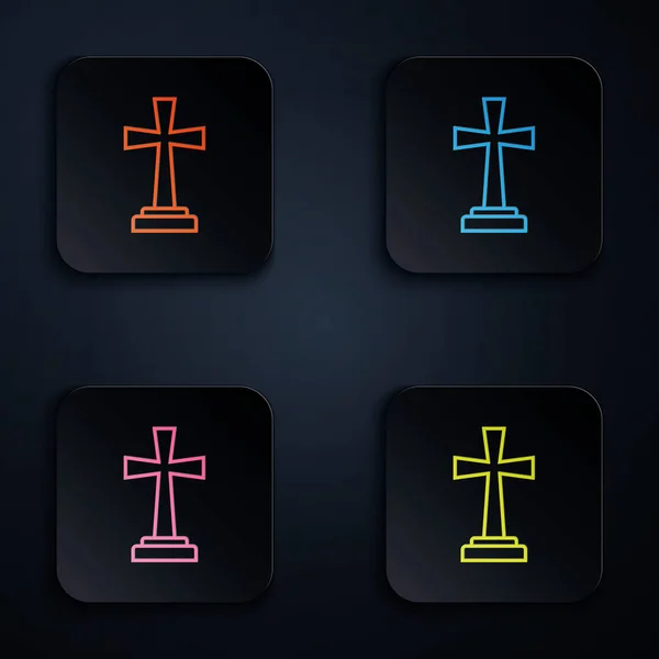 Kolor neon linii nagrobek z ikoną krzyża izolowane na czarnym tle. Ikona grobu. Zestaw ikon w kolorowe kwadratowe przyciski. Ilustracja wektora — Wektor stockowy