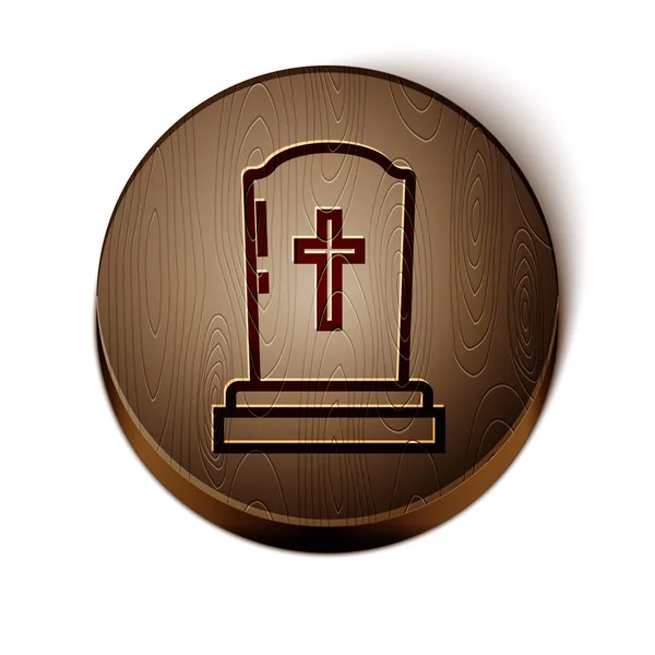 Brown line Tombstone with cross icon isolated on white background. Grave icon. Wooden circle button. Vector Illustration — Stock Vector