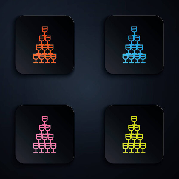 Color neon line Wine glasses stacked in a pyramid tower icon isolated on black background. Wineglass sign. Set icons in colorful square buttons. Vector Illustration