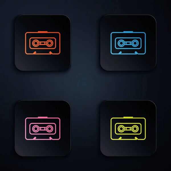 Color neón línea Retro audio cassette cinta icono aislado sobre fondo negro. Establecer iconos en botones cuadrados de colores. Ilustración vectorial — Archivo Imágenes Vectoriales