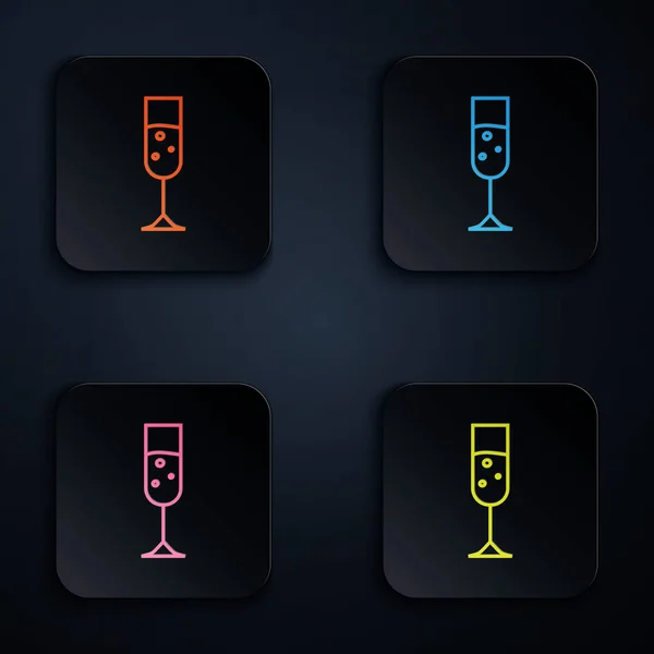 Farbe Neon-Linie Glas Champagner-Symbol isoliert auf schwarzem Hintergrund. setzen Symbole in bunten quadratischen Tasten. Vektorillustration — Stockvektor