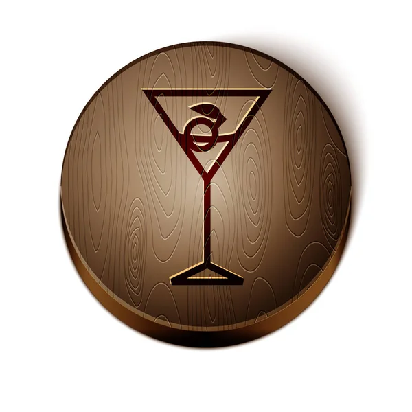 Braune Linie martini Glas Symbol isoliert auf weißem Hintergrund. Cocktail-Symbol. Weinglas-Ikone. Holzkreis-Knopf. Vektorillustration — Stockvektor