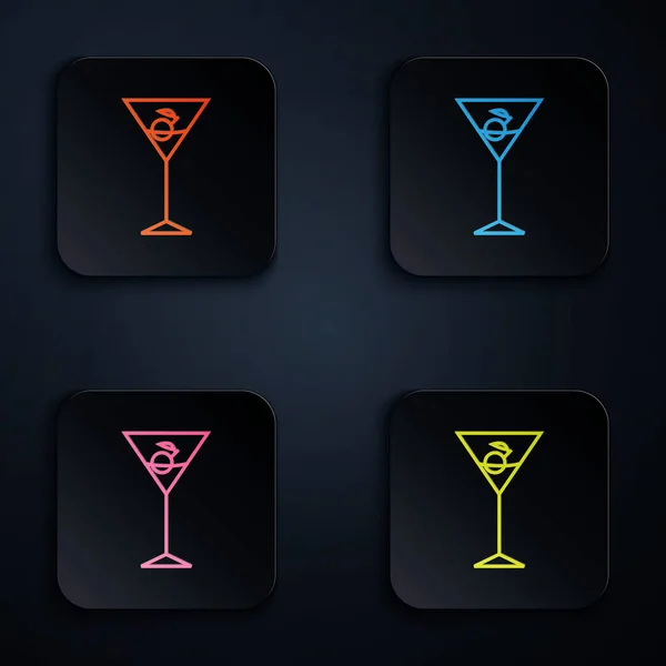 Farbe Neon Line Martini Glas Symbol isoliert auf schwarzem Hintergrund. Cocktail-Symbol. Weinglas-Ikone. setzen Symbole in bunten quadratischen Tasten. Vektorillustration — Stockvektor