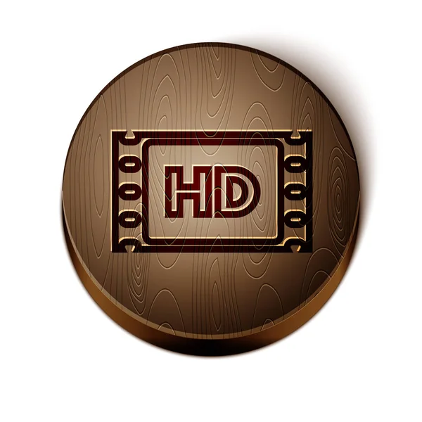 Brown linha 4k filme, fita, ícone de quadro isolado no fundo branco. Botão de círculo de madeira. Ilustração vetorial —  Vetores de Stock