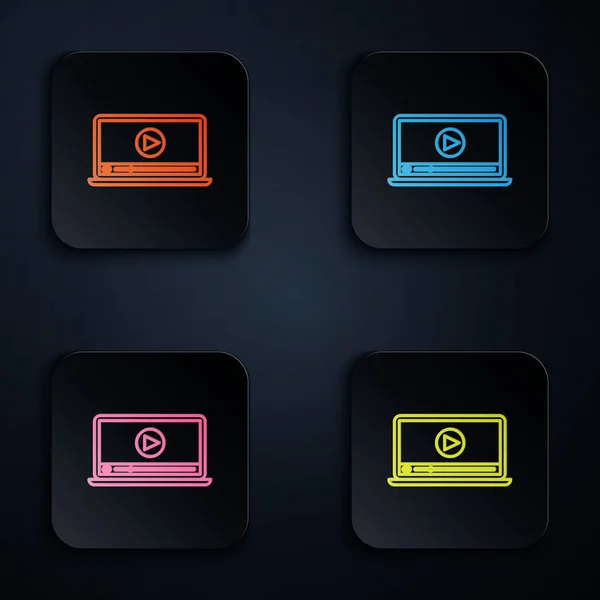 Цветная неоновая линия Онлайн воспроизведение видео значок изолирован на черном фоне. Ноутбук и пленка с игровым знаком. Установите иконки в красочные квадратные кнопки. Векторная миграция — стоковый вектор