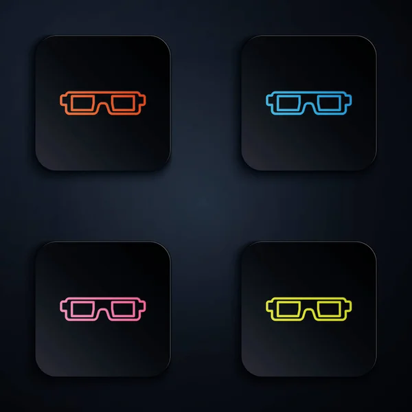 Color neón línea 3D gafas de cine icono aislado sobre fondo negro. Establecer iconos en botones cuadrados de colores. Ilustración vectorial — Archivo Imágenes Vectoriales