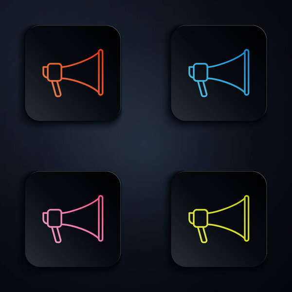 Color neon line Megaphone icon isolated on black background. Speaker sign. Set icons in colorful square buttons. Vector Illustration