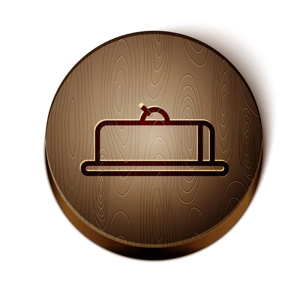 Kahverengi çizgili çilekli cheesecake dilimi ve beyaz arka planda meyve tepesi ikonu. Tahta daire düğmesi. Vektör İllüstrasyonu — Stok Vektör