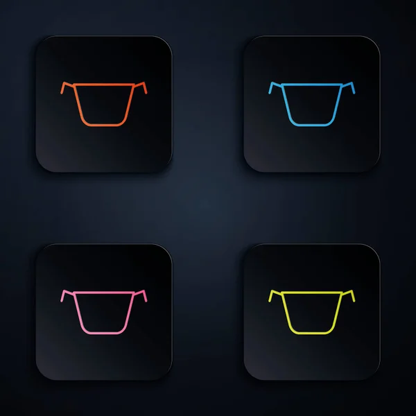 Färg neon linje Matlagning potten ikon isolerad på svart bakgrund. Koka eller gryta mat symbol. Ställ ikoner i färgglada fyrkantiga knappar. Vektor Illustration — Stock vektor