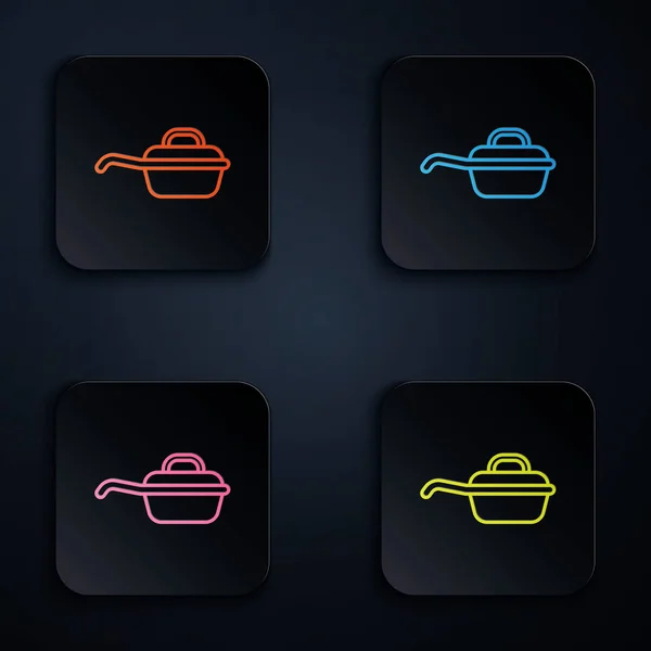 Färg neon linje Stekpanna ikonen isolerad på svart bakgrund. Stek eller stekt mat symbol. Ställ ikoner i färgglada fyrkantiga knappar. Vektor Illustration — Stock vektor