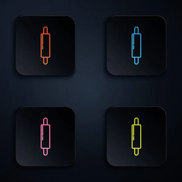 Color neon line Rolling pin icon isolated on black background. Set icons in colorful square buttons. Vector Illustration — Stock Vector