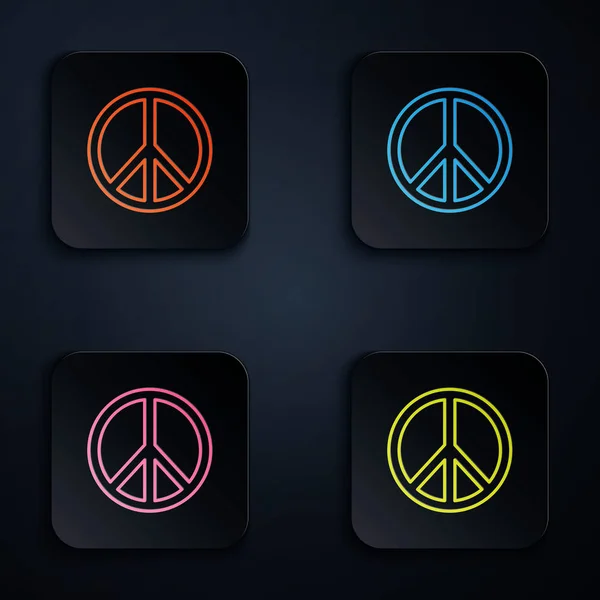 Color neon line Peace icon isolated on black background. Hippie symbol of peace. Set icons in colorful square buttons. Vector Illustration — Stock Vector