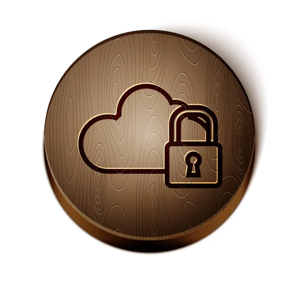Barna vonal Cloud számítástechnikai zár ikon elszigetelt fehér háttér. Biztonság, biztonság, védelem. A személyes adatok védelme. Fa kör gomb. Vektorillusztráció — Stock Vector