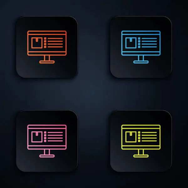 Kleur neon lijn Computer monitor met app levering tracking pictogram op zwarte achtergrond. Pakketpost volgen. Stel pictogrammen in kleurrijke vierkante knoppen. Vector Illustratie — Stockvector