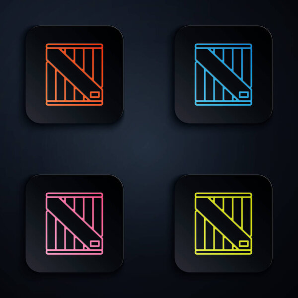 Color neon line Wooden box icon on black background. Set icons in colorful square buttons. Vector Illustration