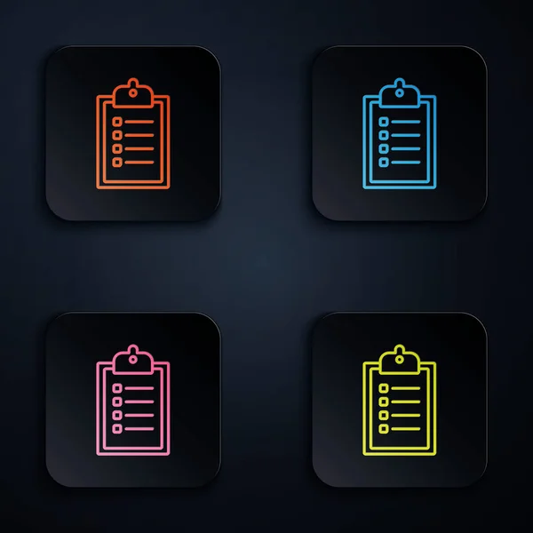Línea de neón de color Verificación de la lista de entrega icono del portapapeles sobre fondo negro. Establecer iconos en botones cuadrados de colores. Ilustración vectorial — Archivo Imágenes Vectoriales