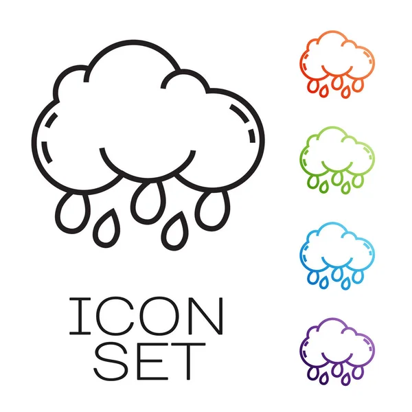 Black line Cloud with rain icon isolated on white background. Rain cloud precipitation with rain drops. Set icons colorful. Vector Illustration