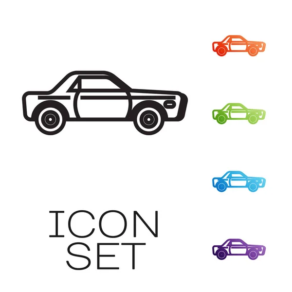 Black Line Sedan Car Icon Isolated White Background Set Icons — Stock Vector