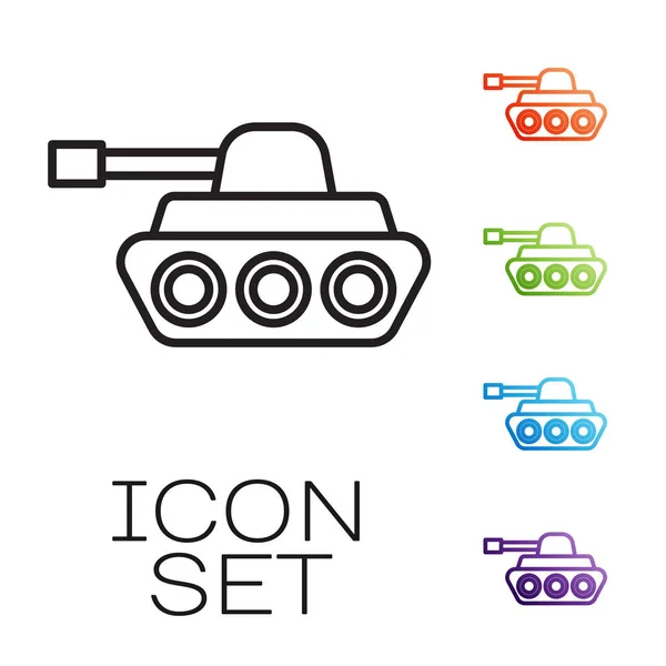 Icono de tanque militar de línea negra aislado sobre fondo blanco. Establecer iconos de colores. Ilustración vectorial — Vector de stock