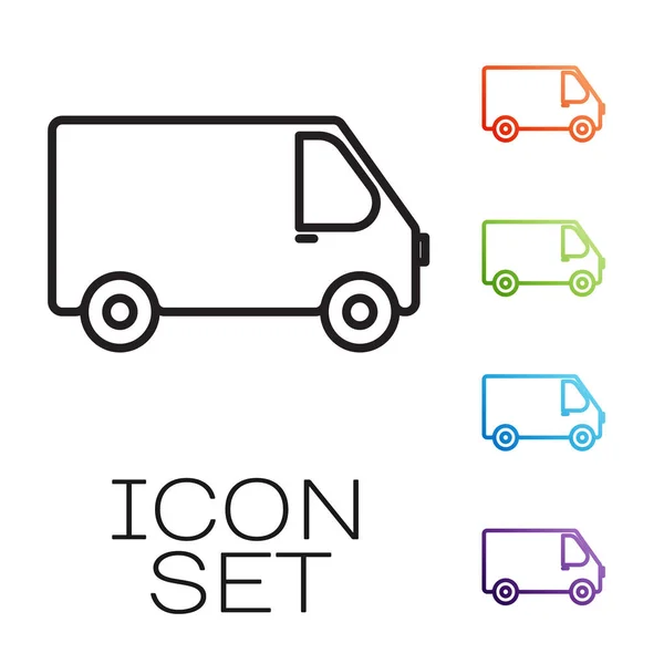 Linea nera consegna camion carico icona isolato su sfondo bianco. Set icone colorate. Illustrazione vettoriale — Vettoriale Stock