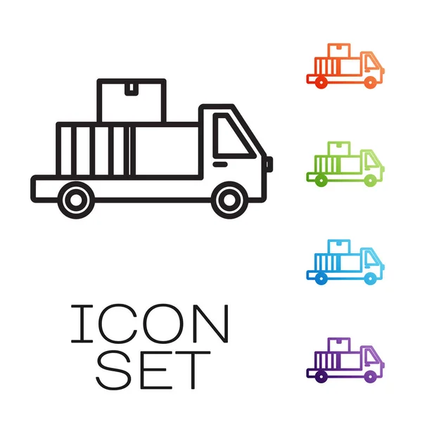 Black line Delivery truck with cardboard boxes behind icon isolated on white background. Set icons colorful. Vector Illustration — ストックベクタ